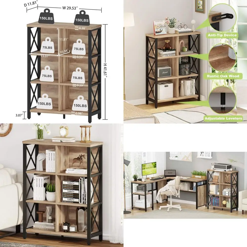 

6 Cube Industrial Style Wood and Metal Bookshelf, 4 Tier Storage Organizer Shelf, Rustic Oak Finish