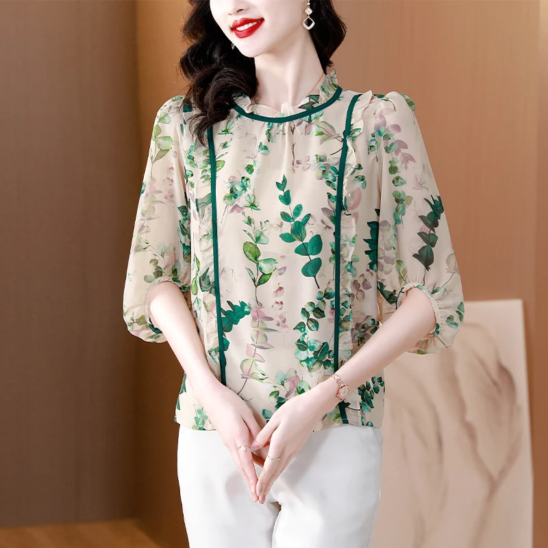 Temperament Gedruckt Rüschen Rundhals Frühling Sommer Neue frauen Mode Vielseitig Lose Anliegende Mid Ärmeln Chiffon Tops