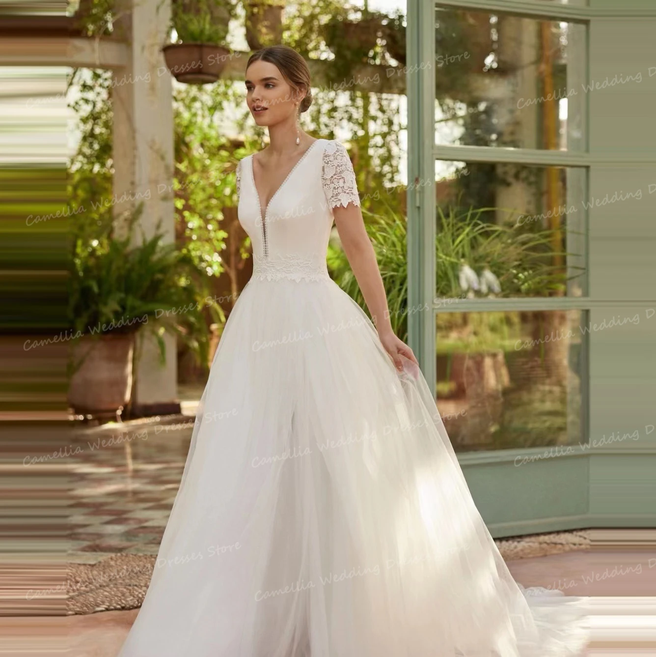 Robe de Mariée Élégante en Tulle Doux à Manches Courtes et Col en V pour Femme, Tenue Sexy, Dos aux, pour Patients, 2024