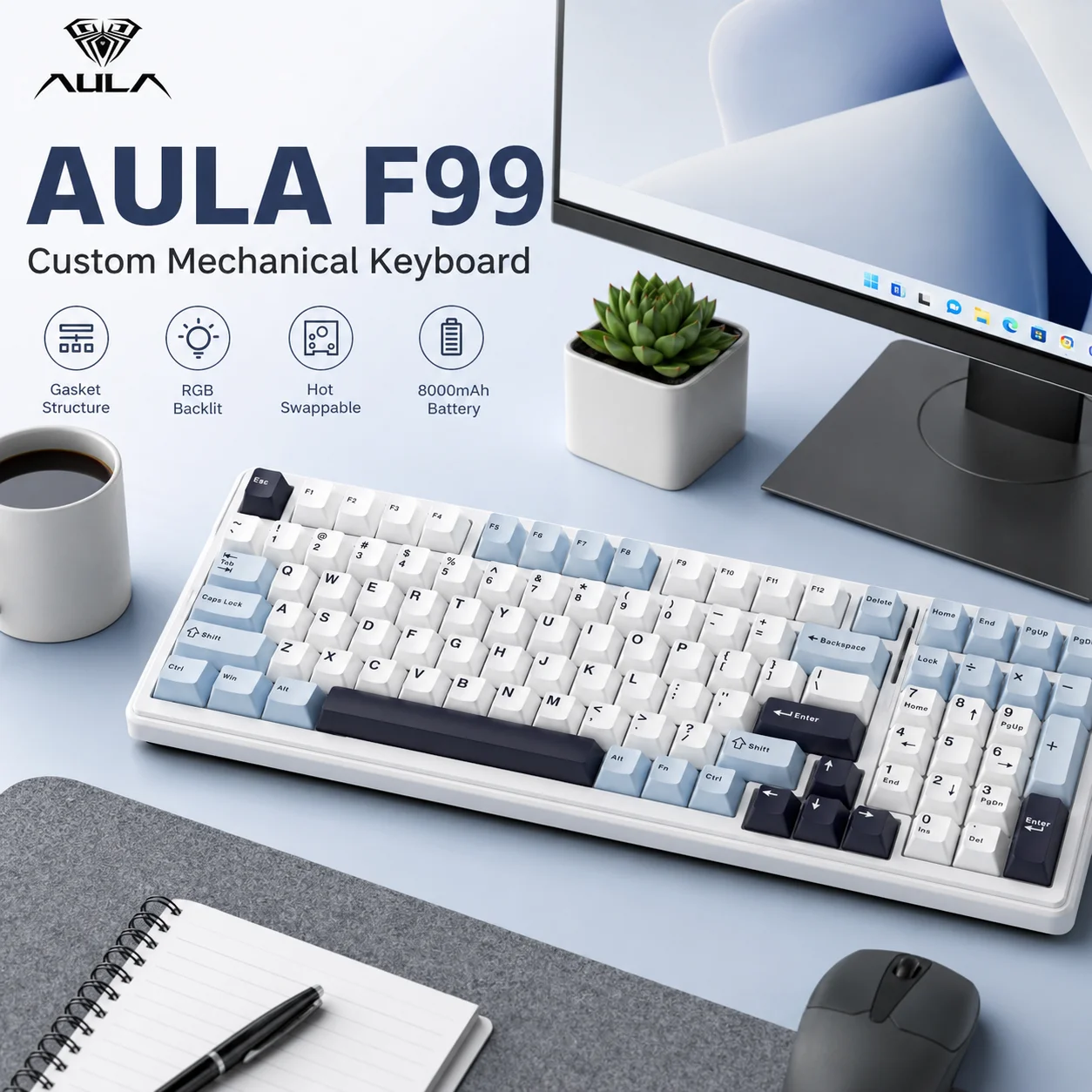 AULA F99 Series 96% Wireless Mechanical Keyboard, Standard & Pro with Knob, Full Numpad, Gasket Hot-Swap, Creamy Tri-Mode RGB