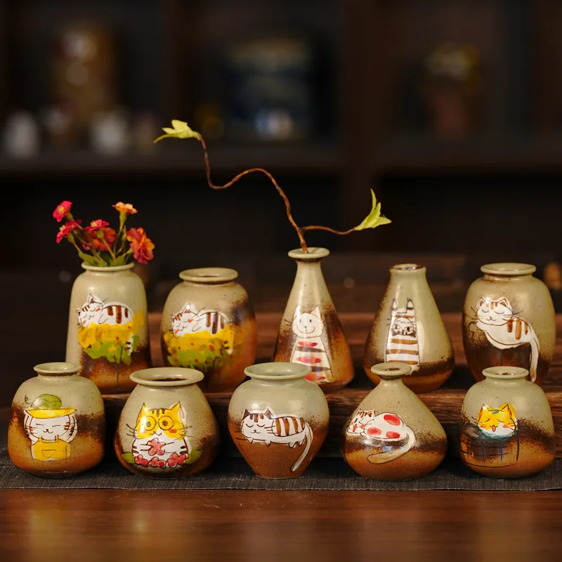 

Creative Mini Ceramic Flower Pot Cute Hand-painted Cat Printed Vase Outdoor Plants Deskto Bonsai Decor Ornaments Pen Holder