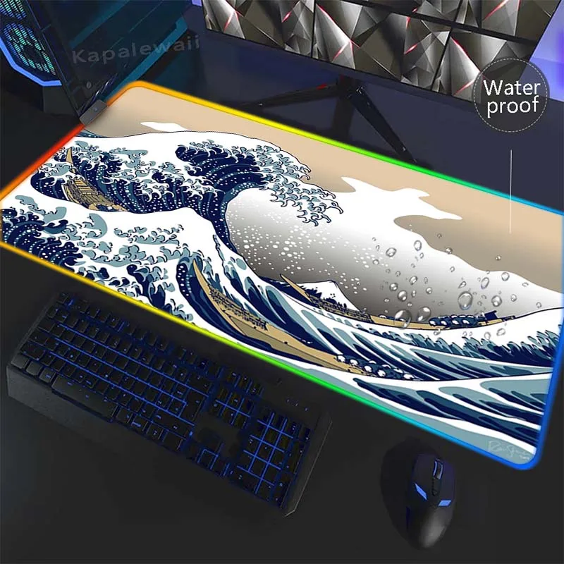 

Japanese Great Wave RGB LED Illumination Mouse Mat Game Gamer Gaming Waterproof Large Mousepad Keyboard Compute Anime Desk Mat