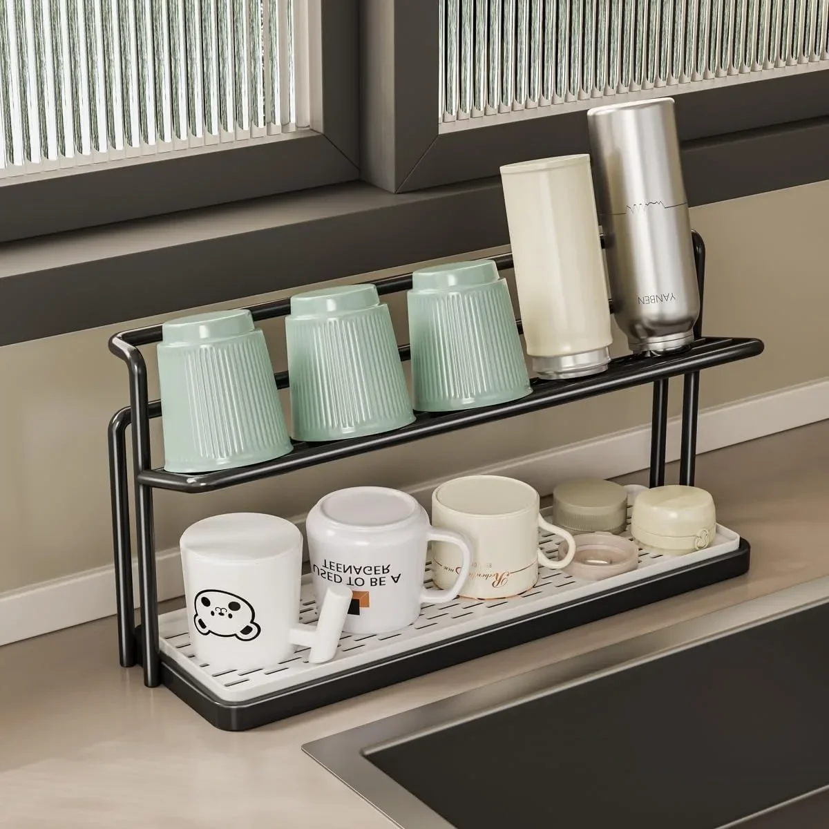 2 Layer Bottle Drying Rack Cups Storage Rack with Drain Tray, Mug Organizer for Kitchen, Coffee Mug Holder for Kitchen Counter - Image 6