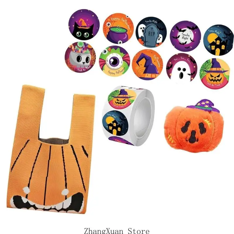 Halloween-Leckereien-Wickelbeutel-Set mit Polyester-Süßigkeitsbeutel, Aufkleber-Sortiment zum Basteln und tragbarer – Detail 7