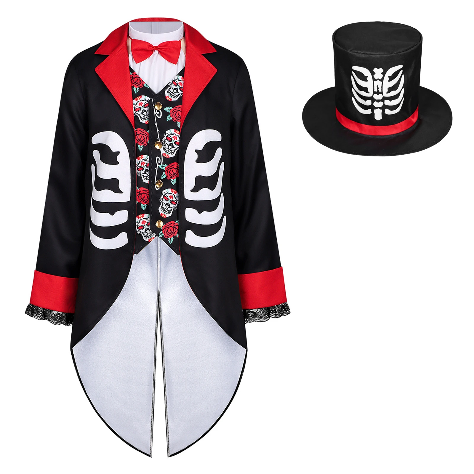 Conjunto de traje de esqueleto con cola para el Día de Muertos, disfraz de calavera mexicana, disfraz de Halloween para fiestas de carnaval y actuaciones.