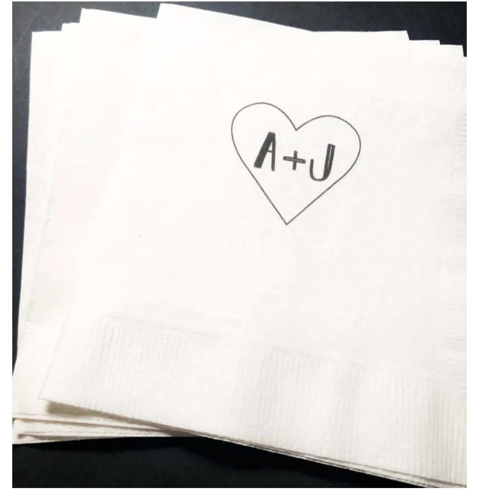 50Pcs Heart Initials Bridal Shower Wedding Personalized Cocktail, Luncheon or Dinner Napkins Engagement Party Gold Foil Napkins