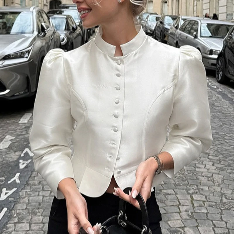 

2026 Spring Cross-border New Stand-Up Collar Bubble Sleeve Long Sleeve Temperament Women's Shirt