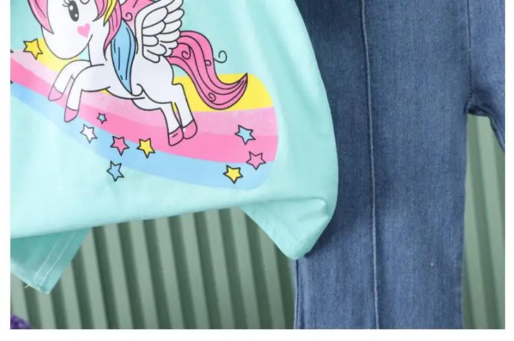 2024 neue kinder Set Mädchen Sommer Cartoon Gedruckt Kurzarm + Cowboy Hosen Infant Mode Set 0-4 jahre Alt – Detail 7