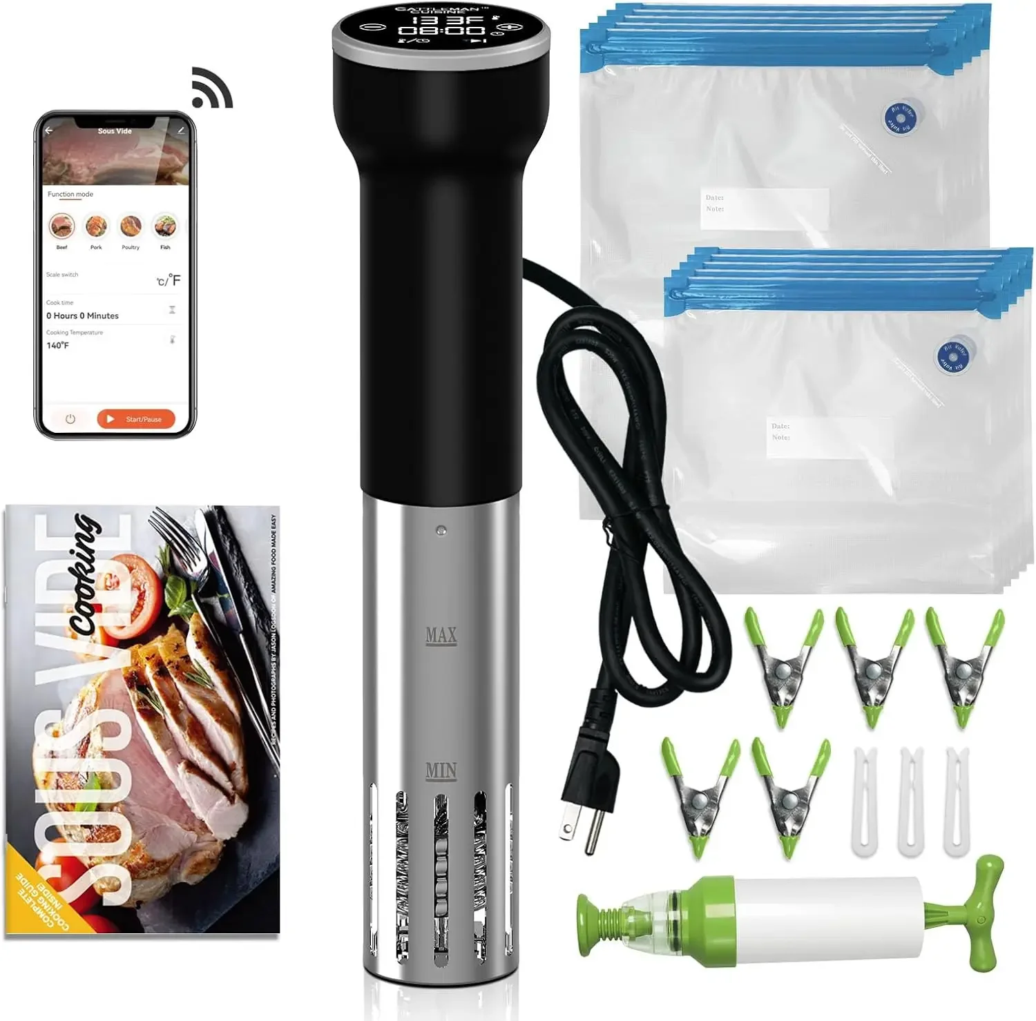 Vide Machine Wi-Fi, Cattleman Cuisine Sous Vide Cooker, Immersion Circulator, Suvee Cooker Kit with 30 Vacuum Bags, Vacuum Pump,