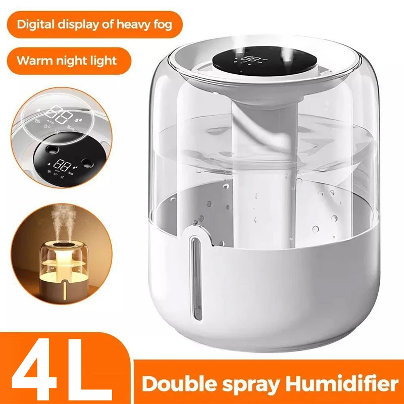 4L Dual-Spray-Luftbefeuchter mit 3 Sprühmodi, USB, große Kapazität, leise für Zuhause, Schlafzimmer, LED-Digitalanzeige, Nachtlicht, Büro, Desktop, Mini-Diffusor