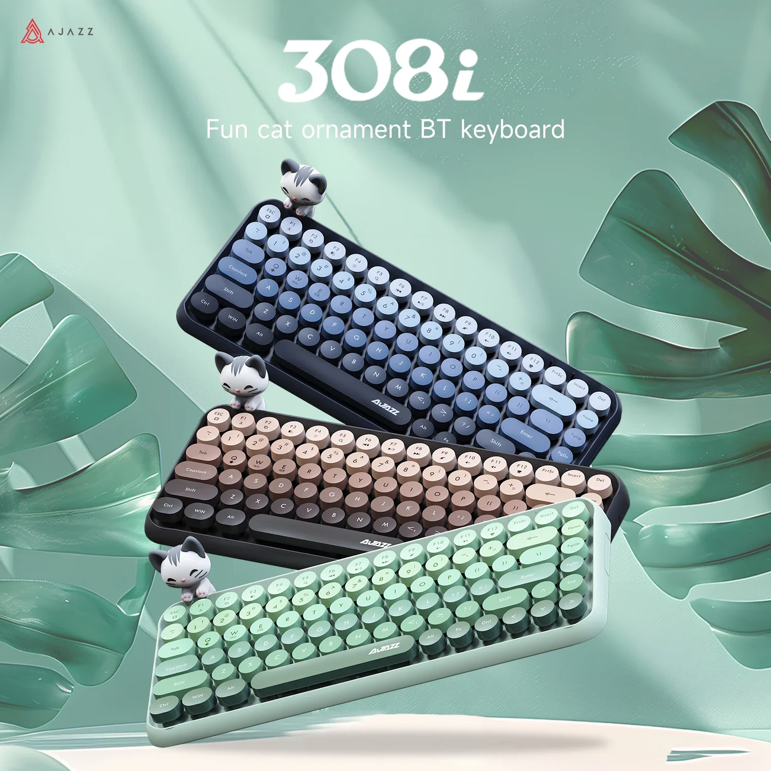 Ajazz 308I Wireless Keyboard 84 Keys Round Keycap Bluetooth Keyboard Cat accessories Office Keyboard for Tablet Laptop Android