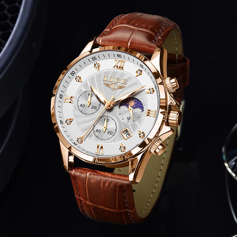 LIGE Mens Watches Casual Business Watch Men Luxury Waterproof Date Luminous Chronograph Wristwatch Quartz Watch Leather Clock image 2