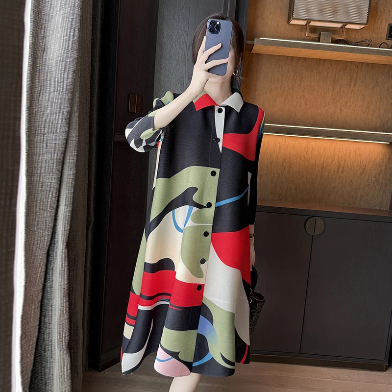 レディース オフィス 通勤 プリーツ シャツワンピース カラーブロック プリント ラペルカラー シングルブレスト ミディアム丈 スリット入り ミニマリストスタイル
