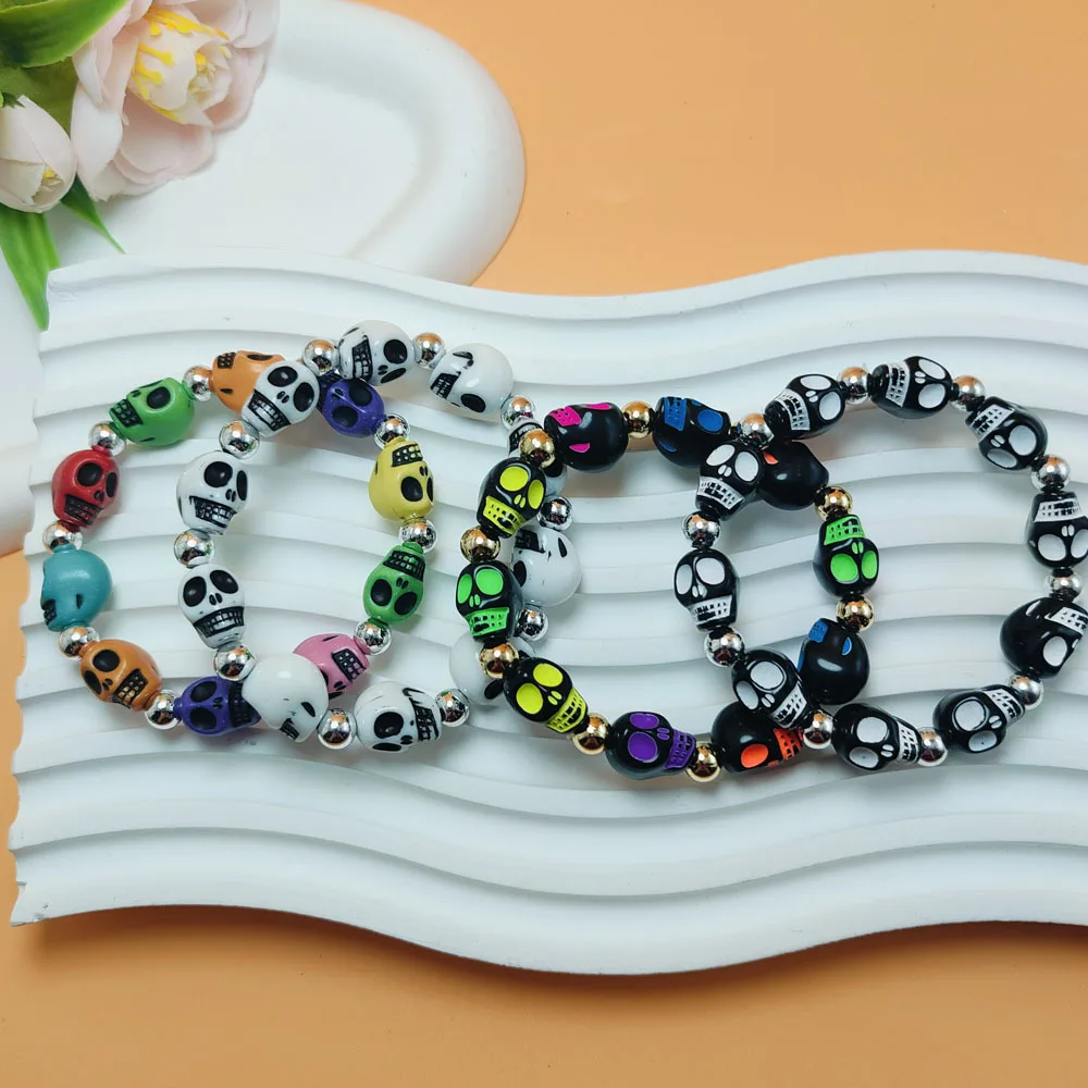 Horror and Cool Colorful Skull Elastic Bead Bracelet Halloween Punk Dark Ghost Handmade Bracelet Jewelry Gift