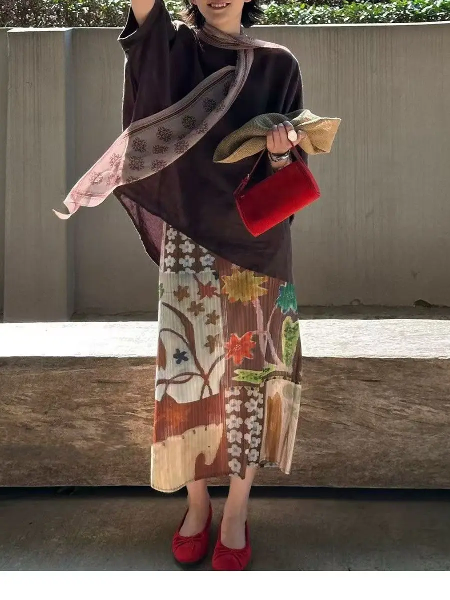 High Waist Geometric Print Straight Skirt Women's Pleated Half Body Summer New Style Three Houses Retro Commuter Skirt