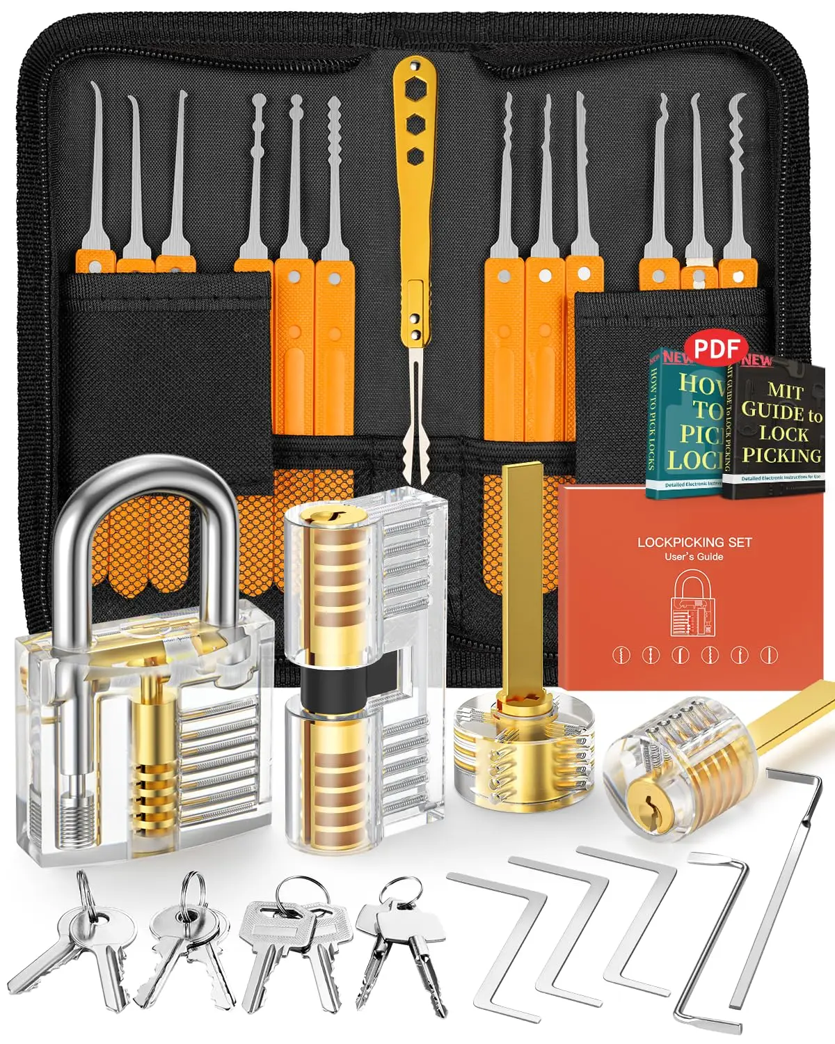 38+4 Lock Picking Kit with 4 Transparent Training Locks and Zip Case for Lockpicking, E-Guides for Beginner and Pro Locksmiths