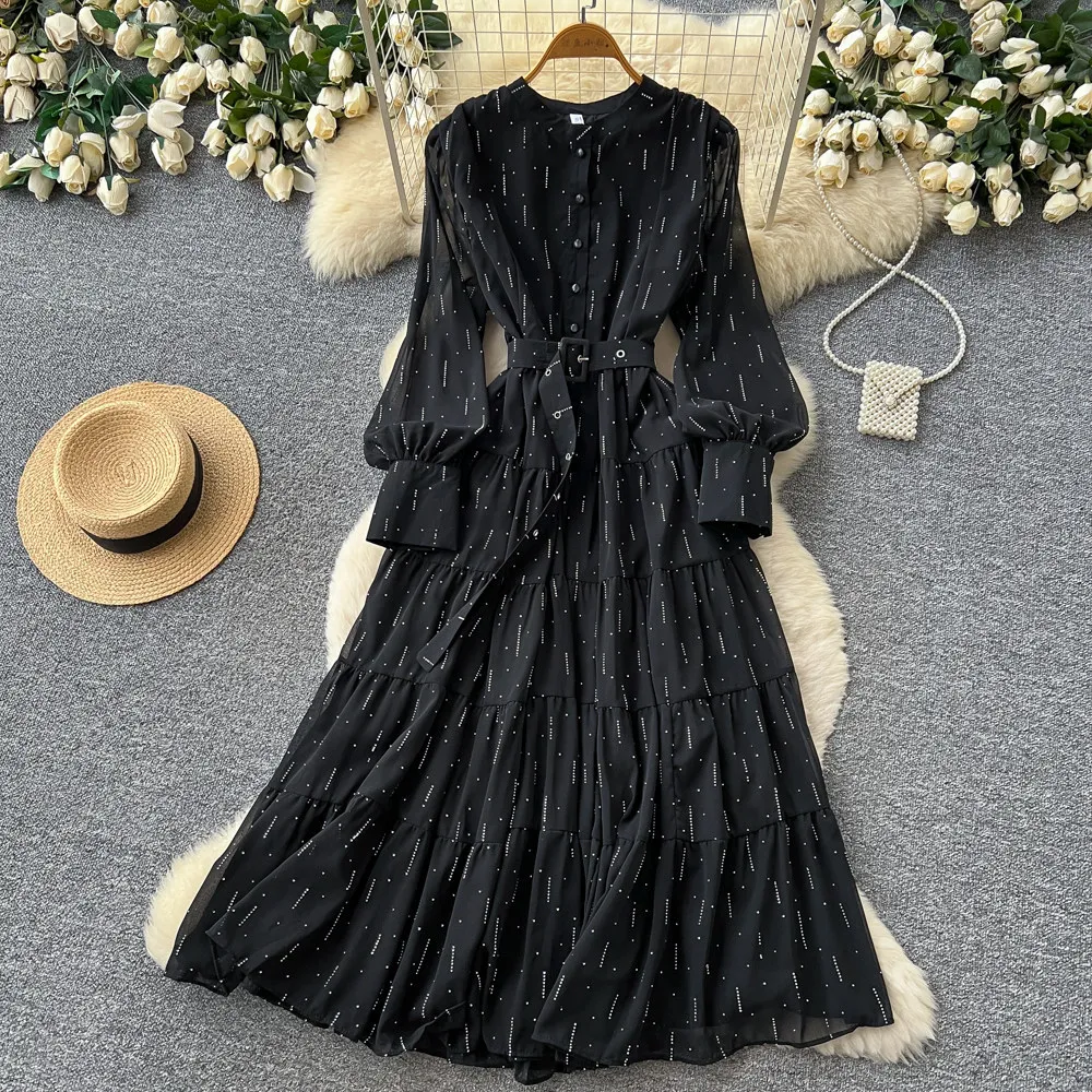 Weißes langes Kleid für Damen, A-Linien-Kleid, Y2K Streetwear, Rundhalsausschnitt, Puffärmel, Rüschen, elegantes Partykleid, hohe Taille