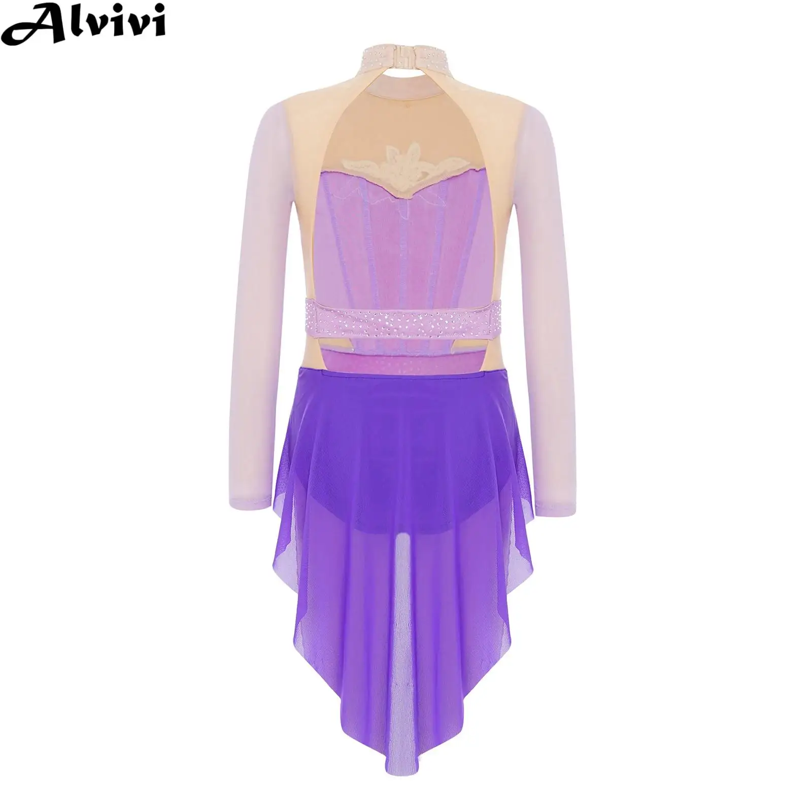 

Детский современный лирический танцевальный костюм для девочек, сетчатое трико с длинными рукавами и стразами, платье для фигурного катания, гимнастики, акробатики, одежда