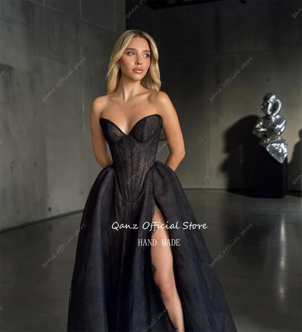 Qanz Black Lace Appliques Evening Dresses High Slit Long A Line Gothic Vestido De Festa Sweetheart Robe De Soirée Customized