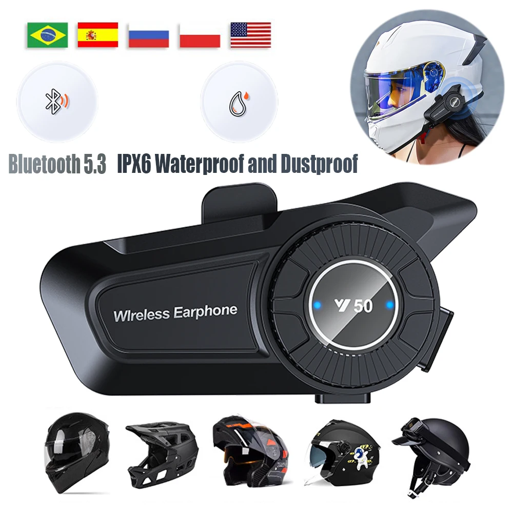 Motorcycle Helmet Bluetooth Headset Bt5.3 Waterproof and Noise Reduction 1800Mah Automatic Answering Voice Control Headset