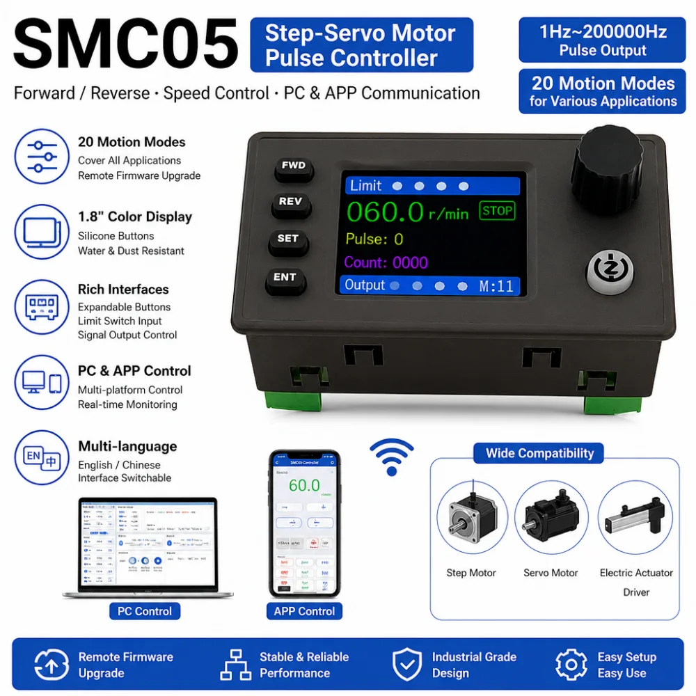 SMC05 Stepper Servo Motor Pulse Controller, with Forward/Reverse Speed Control, 1 Hz–200,000 Hz, 1.8-inch Colour Screen