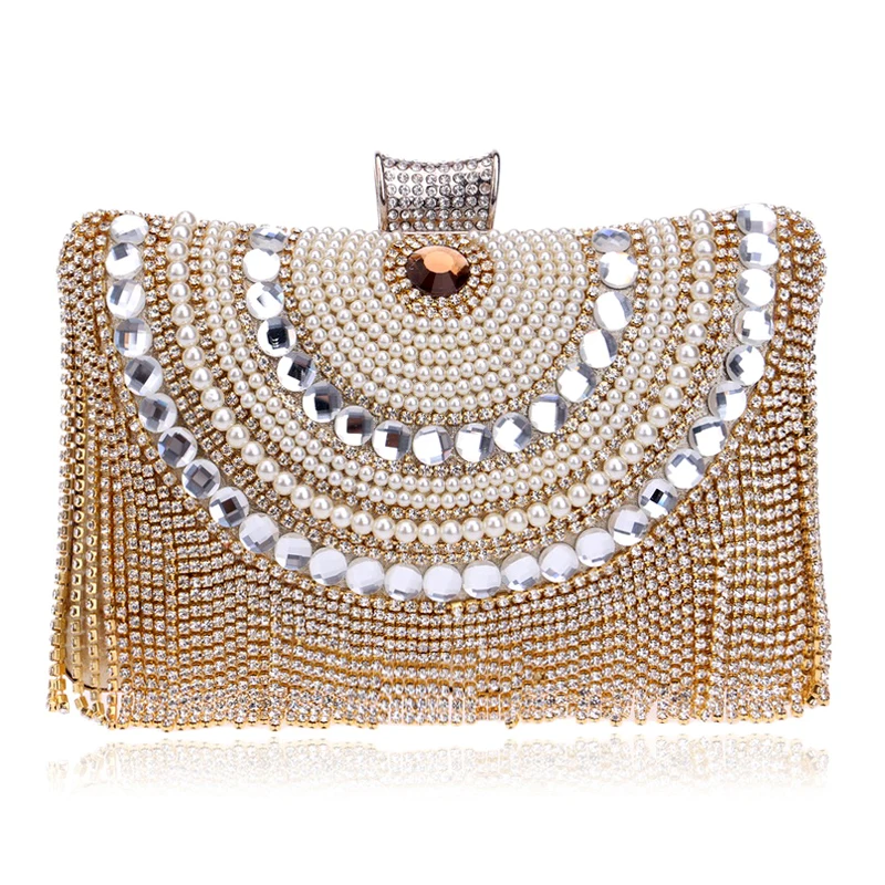 Rhinestones Tassel Clutch Diamonds Beaded Metal Evening Bags Chain Shoulder Messenger Purse Evening Bags For Wedding Bag