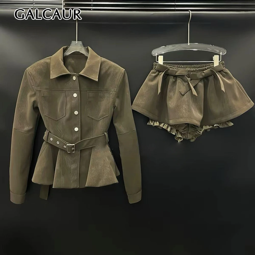 GALCAUR Belted Spliced Ruffled Slimming Two Piece Set for Women Lapel Collar Long Sleeve Top High Waist Mini Skirt Sers Female