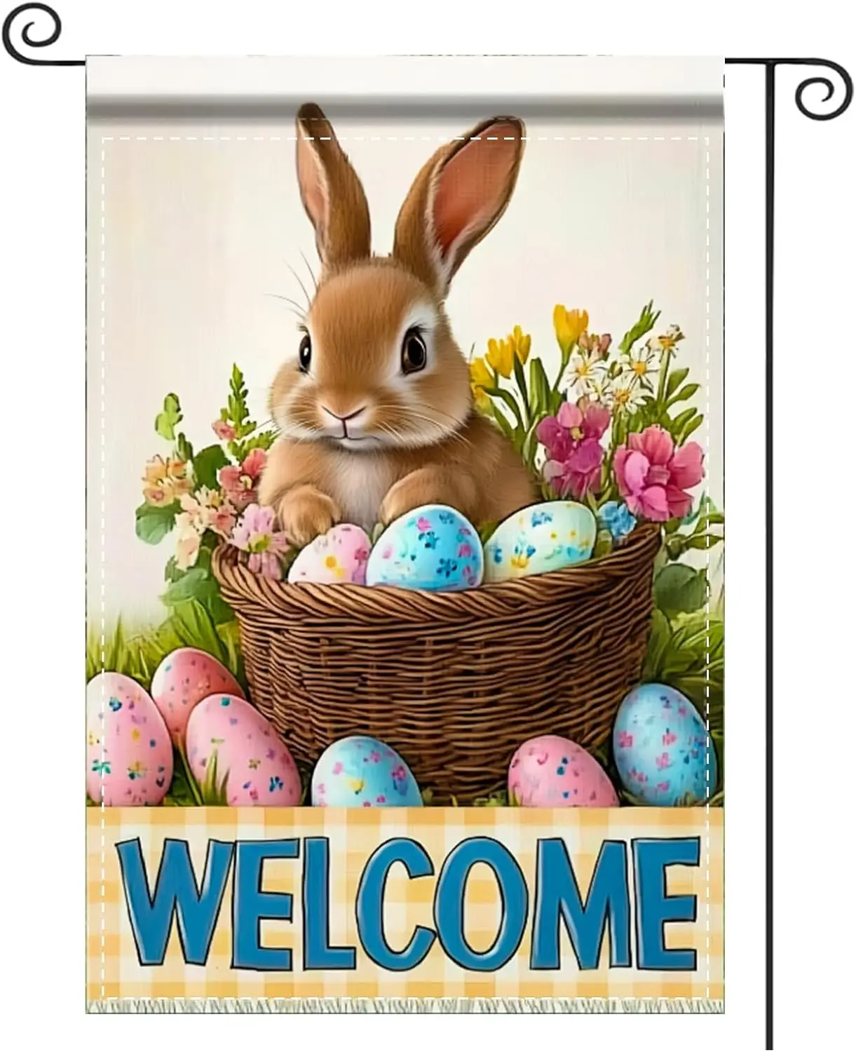 Bunny Spring Garden Flag 12x18 Inches Polyester Rabbit Decor Yard Lawn Patio Outdoor (Brown Bunny in Woven Basket Welcome Te jjp