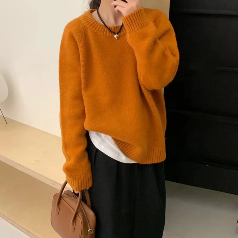Women Knitted Pullovers Sweaters Solid Jumpers Round Neck Long Sleeves Thick Loose Fit Office Lady Casual 2025 Autumn Winter