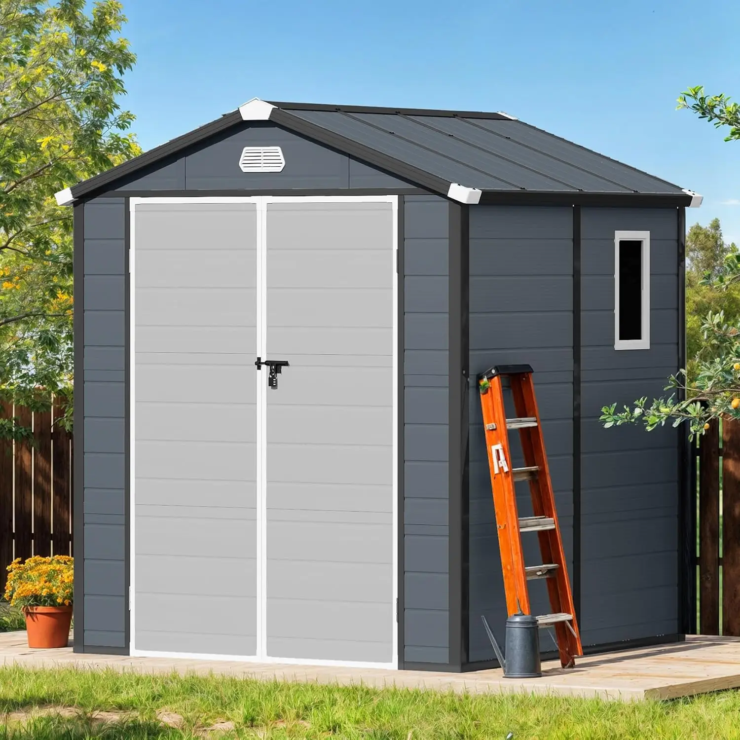 new 6x6FT All-Weather Outdoor Storage Shed Lockable Doors Window Vents Backyard Patio Poolside Lawn Tool Shed, Customized