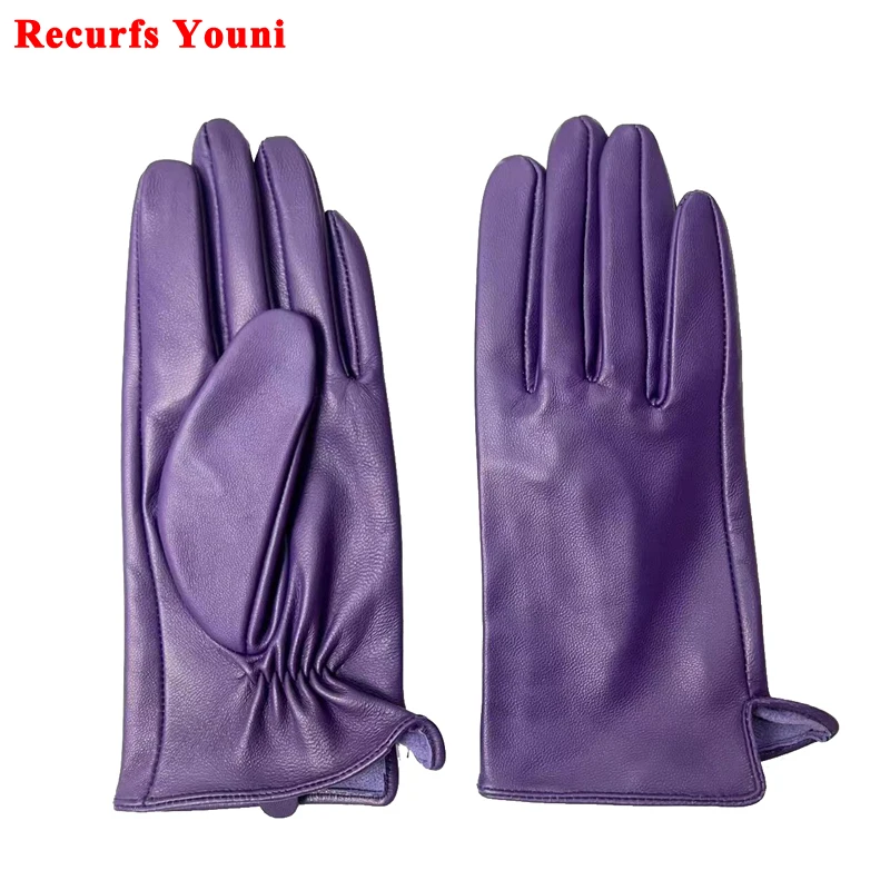 Purple Goatskin Gloves for Women Autumn Winter Vintage Ladies Real Leather Leisure Driving Outdoor Unlined Mittens Arm Warmer