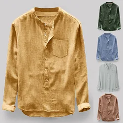 Men Spring Shirt Single-breasted Stand Collar Cardigan Shirt Long Sleeevs Loose Oversized Mid Length Men Summer Tops With Pocket