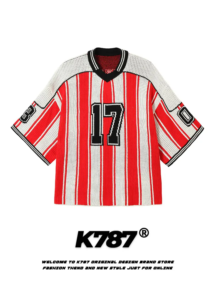 

K787 American Retro Striped Knitwear V-Ne oulder Sve Men's Sweater Couple's Casual Wear Polyester Winter Season