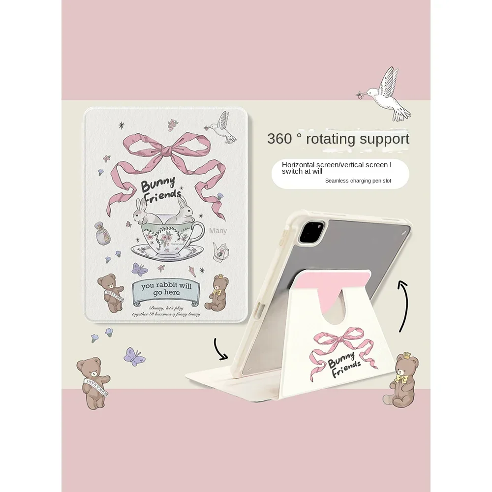 For Ipad Protective Case Tablet 9.7 Inch Air4/5 Fall-proof Pink Bow Bunny Rotatable Stand New Protective Case with Pen Slot