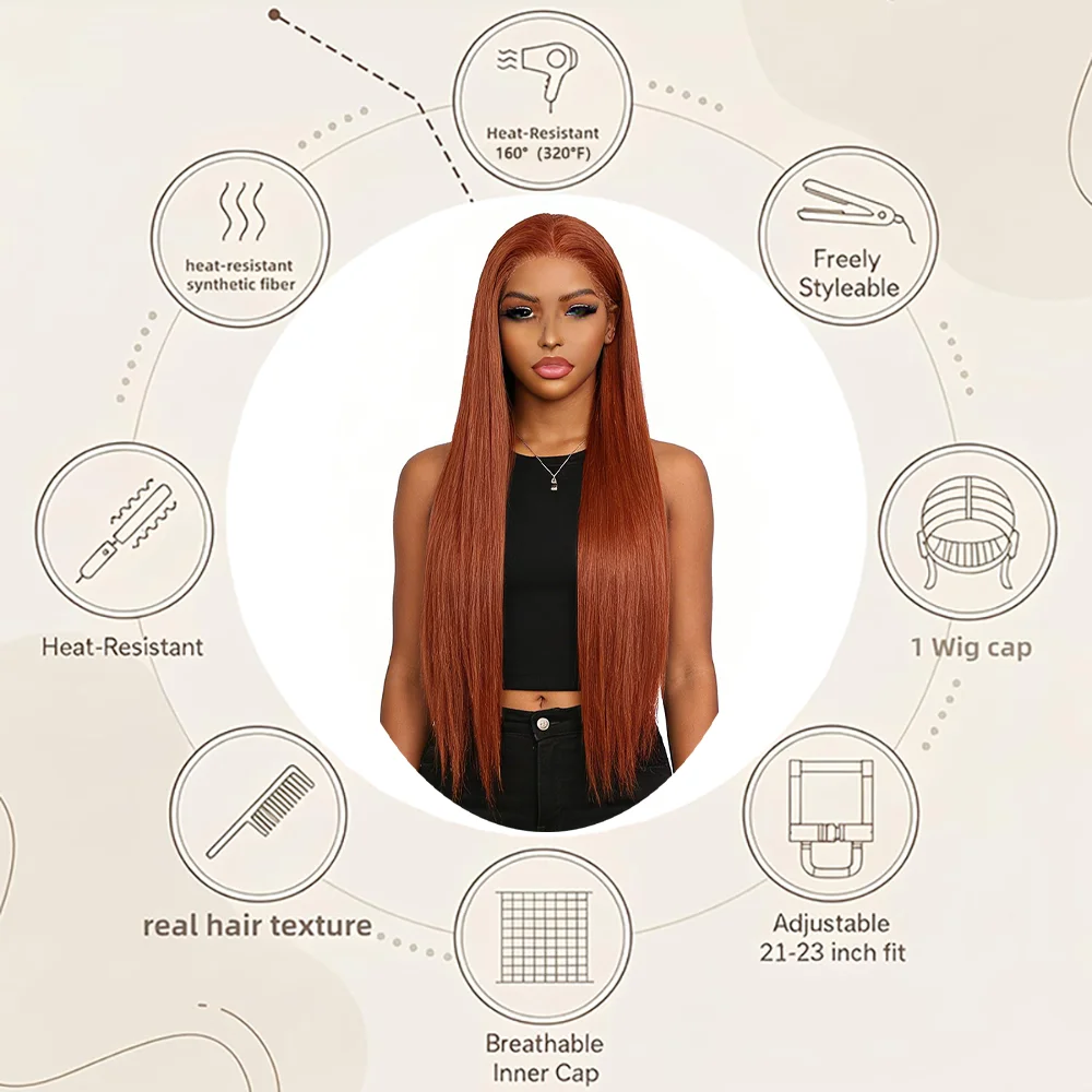 

13×4 Lace Front Wig Natural Long Straight Ginger Brown For Women Free Part Heat Resistant Synthetic Hair Daily Party Use