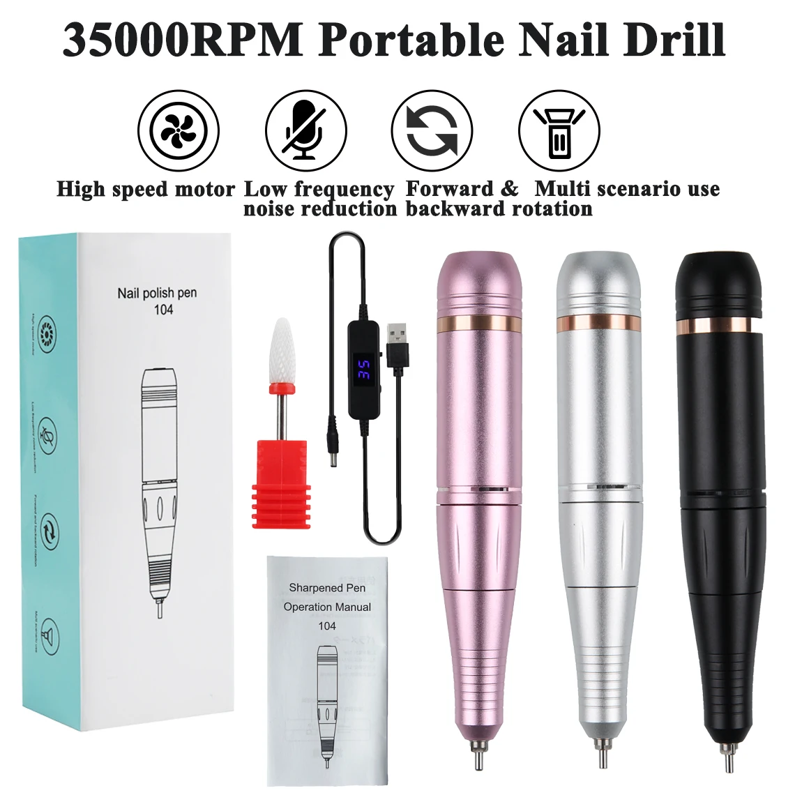 เครื่องเจียรเล็บแบบปากกา 35000 รอบต่อนาที พร้อมสาย USB ชาร์จไฟได้ ชุดเครื่องเจียรเล็บแบบพกพา อุปกรณ์ทำเล็บสำหรับร้านเสริมสวย