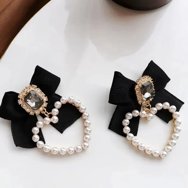 Black Bowknot Square Glass Heart Charm Drop Earrings Gold Color Heart Metal Imitation Pearl Surround Ins Girls Party Jewelry