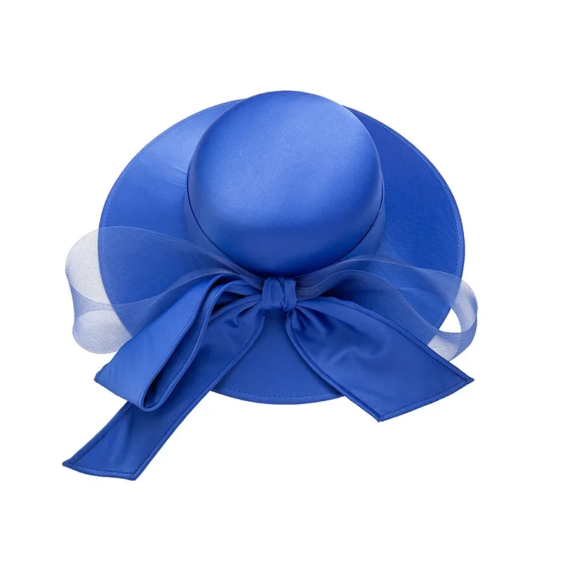 

Elegant Solid Color Bow Hat - Nylon Mesh Ribbon Wide Brim Beach Cap for Women, Fashionable & Breathable UV