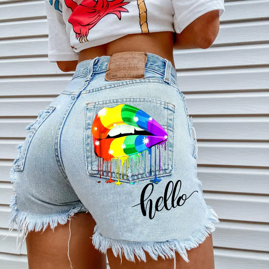 Denim Shorts For Womenwomen's Clothing 2022 New Summer Street Net Red INS Color Lips Foreign Trade Hole Tassel Denim Shorts Girl