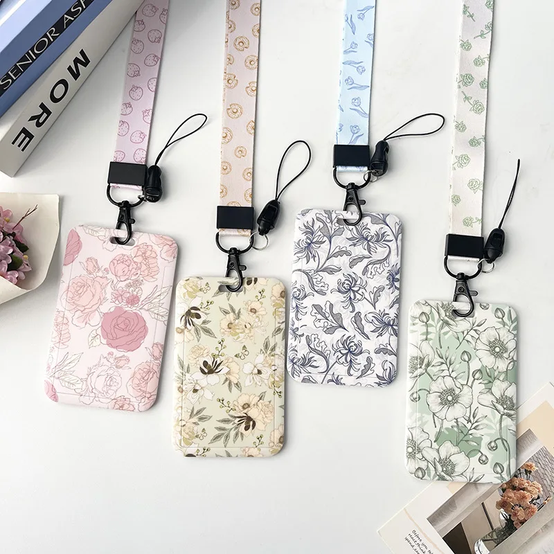 1 Pcs Simple And Fresh Flower Card Set Student Card Bus Access Protection Card Holder ABS Plastic Neck Rope Card Cover