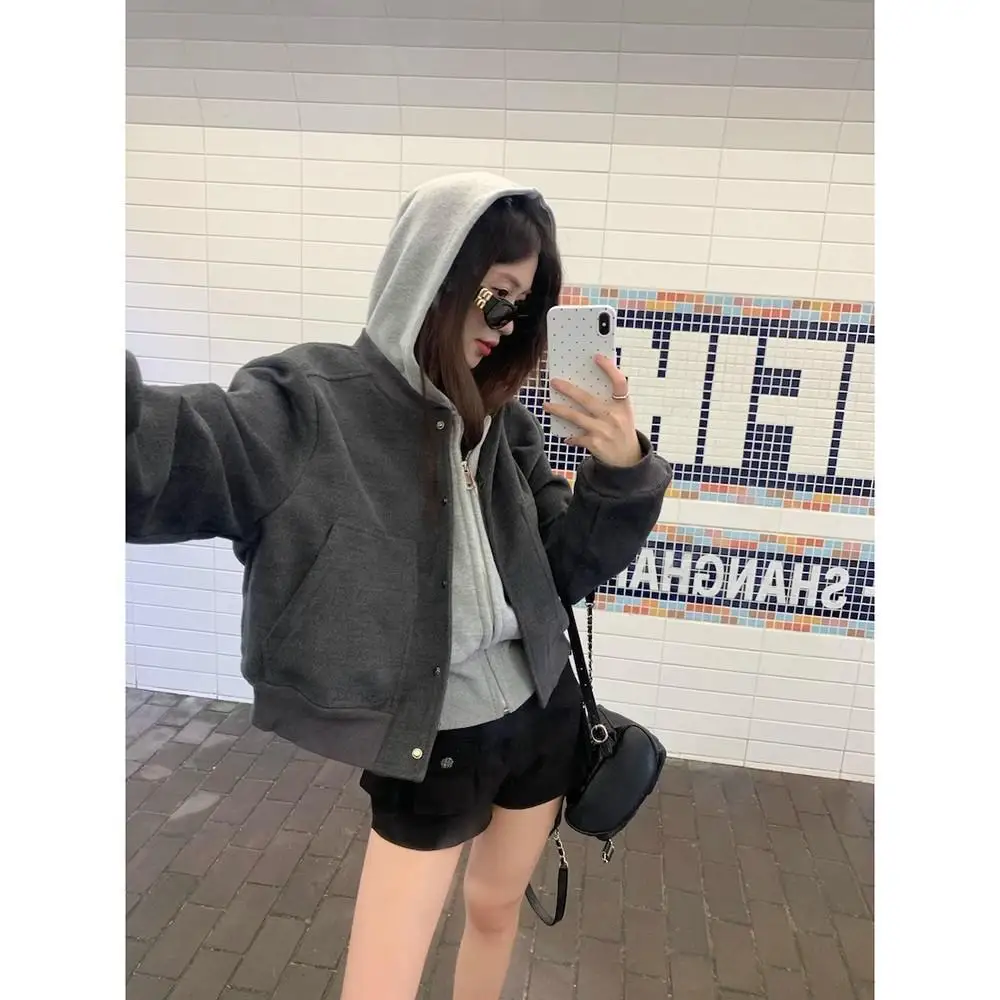 Early Autumn Women's Baseball Style Zipper Jacket Grey Woolen Loose Casual Top Trendy Short Coat Warm round Neck Long Sleeve