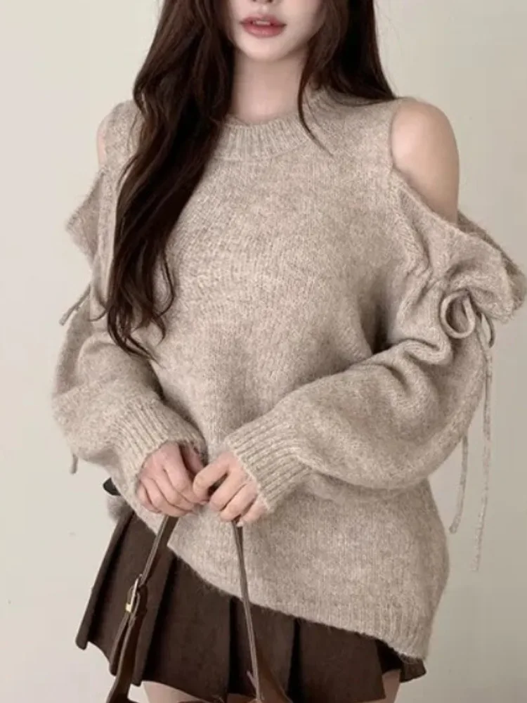 Chique outono inverno dstring oulder bared camisola de malha feminina solta camada base de emagrecimento longo sve poliéster macio