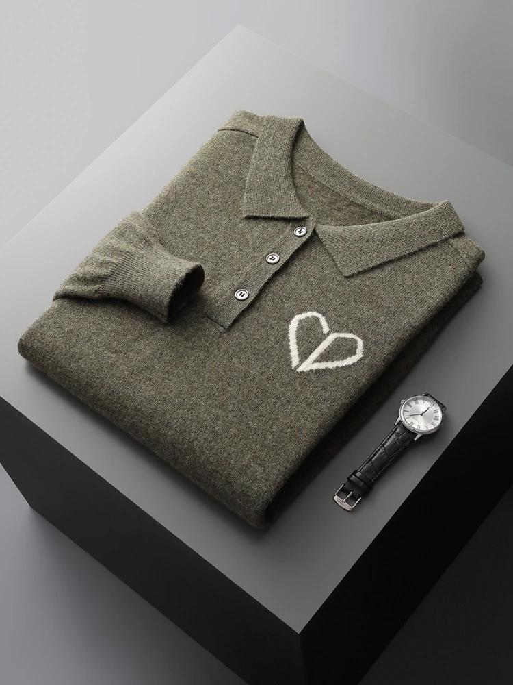 Men's 100% Cashmere Sweater Heart Jacquard Polo Pullover Autumn Winter Cashmere Knitwear Long Sleeve Smart Casual Clothing Tops