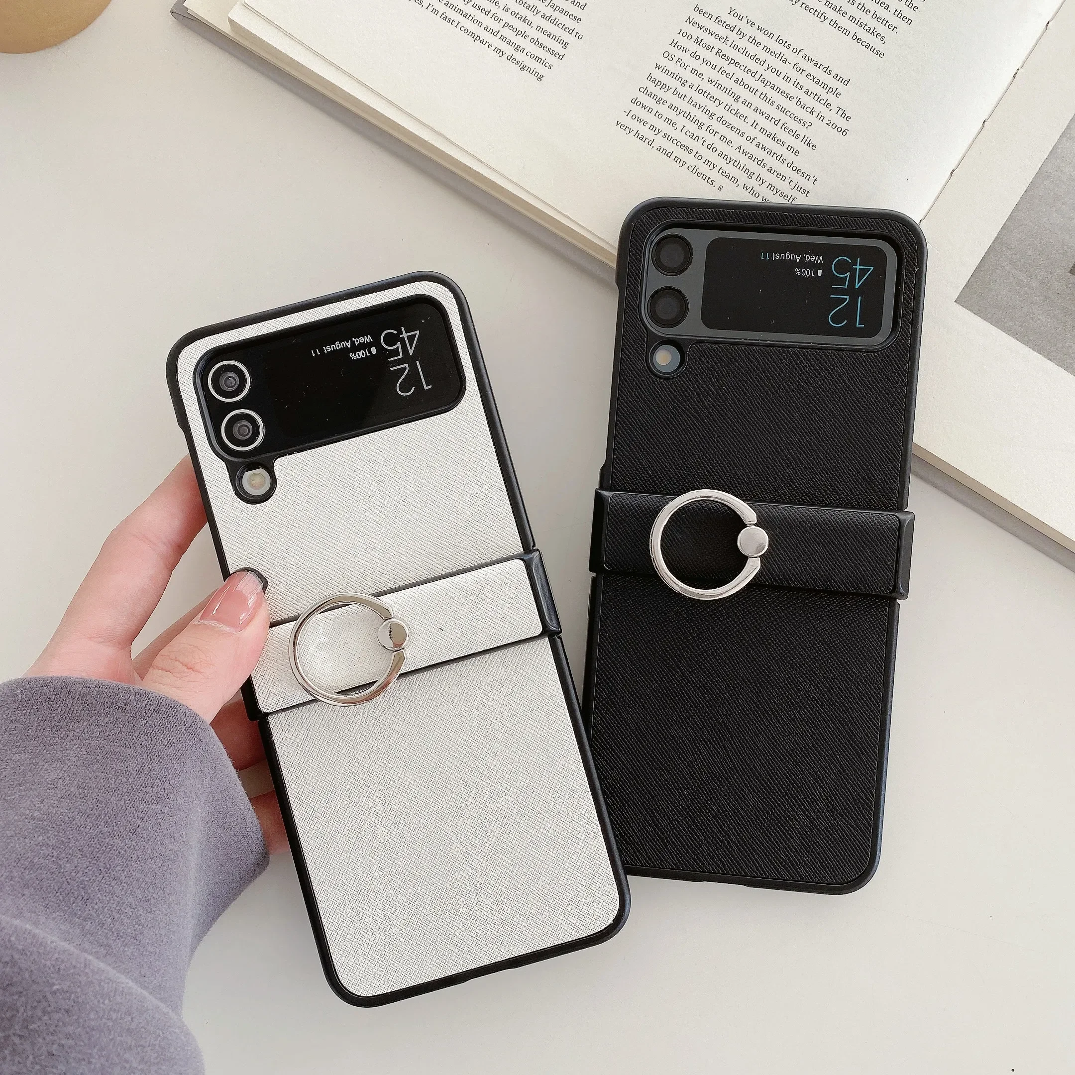 Elegant Cross Pattern Shockproof Phone Case for Samsung Galaxy Z Flip 3 4 5 6 Flip5 Flip6 5G Finger Ring Buckle Phone Case