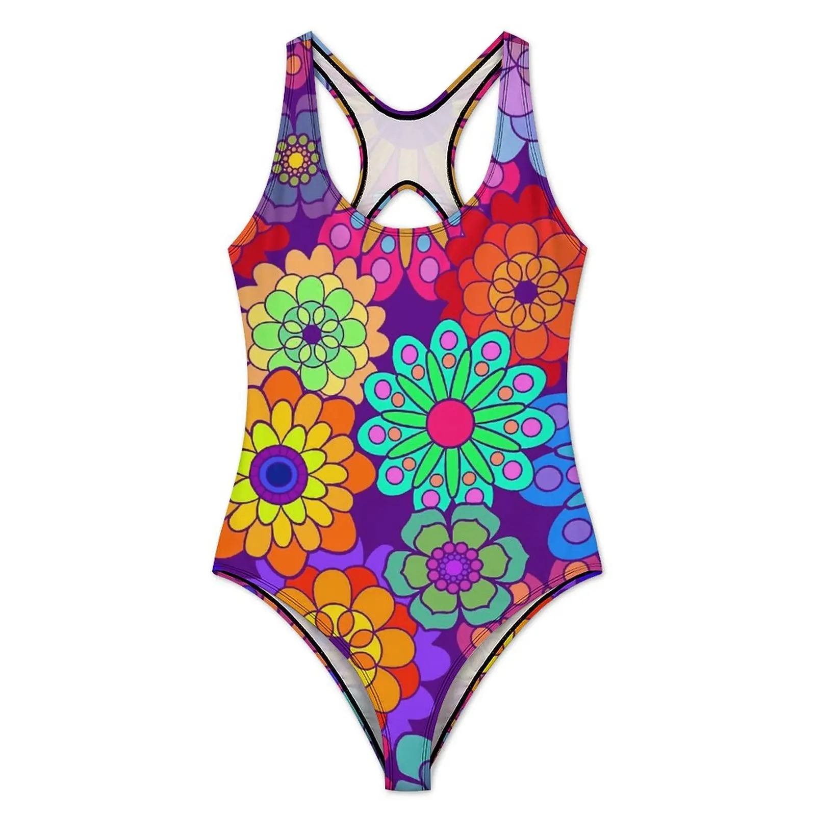 Retro Flower Power Swimsuit Sexy Hippy Flowers Women Swimwear One-Piece Trendy Bodysuit Holiday Surf Push Up Bathing Suit