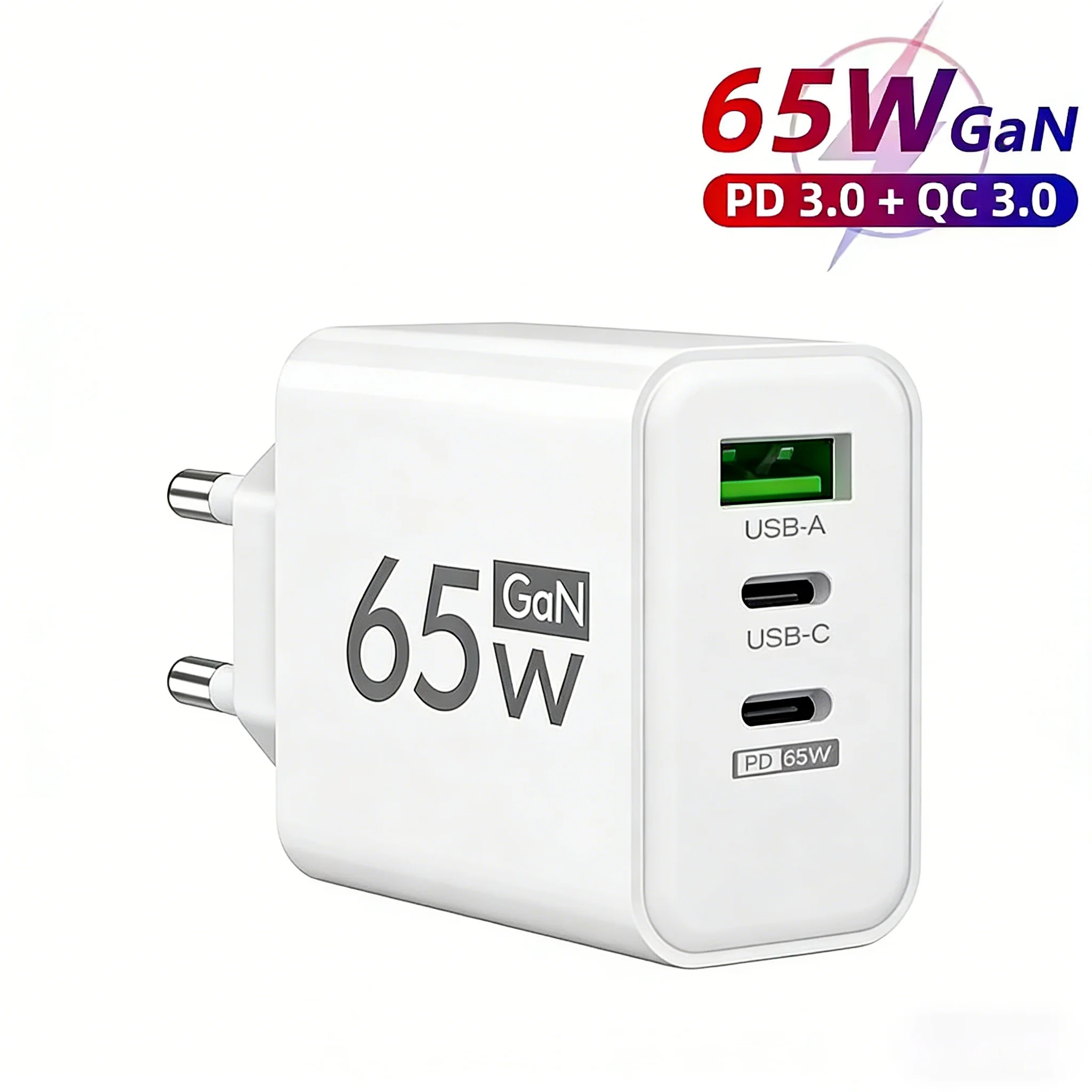 65W 3-Port USB-C GaN Ladegerät PD Quick Charge 3.0 Reise-Wandstecker Telefonadapter für iPhone 17 Pro Samsung S24 Xiaomi Redmi EU US