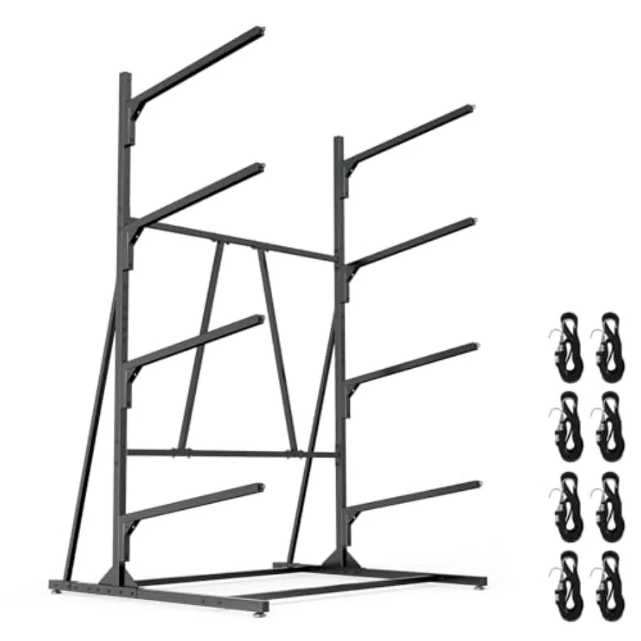 

Outdoor kayak storage rack, steel, black, 4-tier adjustable freestanding design for kayak, paddleboard, surfboard, and SUP