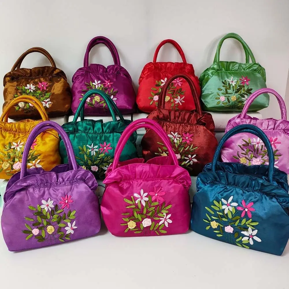 Satin Silk Embroidery Flower Handbag Ruffle Leaf Zipper Flower Wrist Bag Small Purse Wallet Shopping Bag Ethnic Style Tote Bag