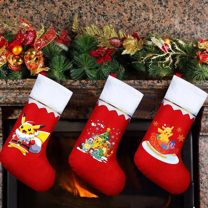 Pokemon Pikachu Christmas Socks Santa Stocking Cartoon Anime Print Gift Bags New Year Dinner Party Home Decor Xmas Decoratings