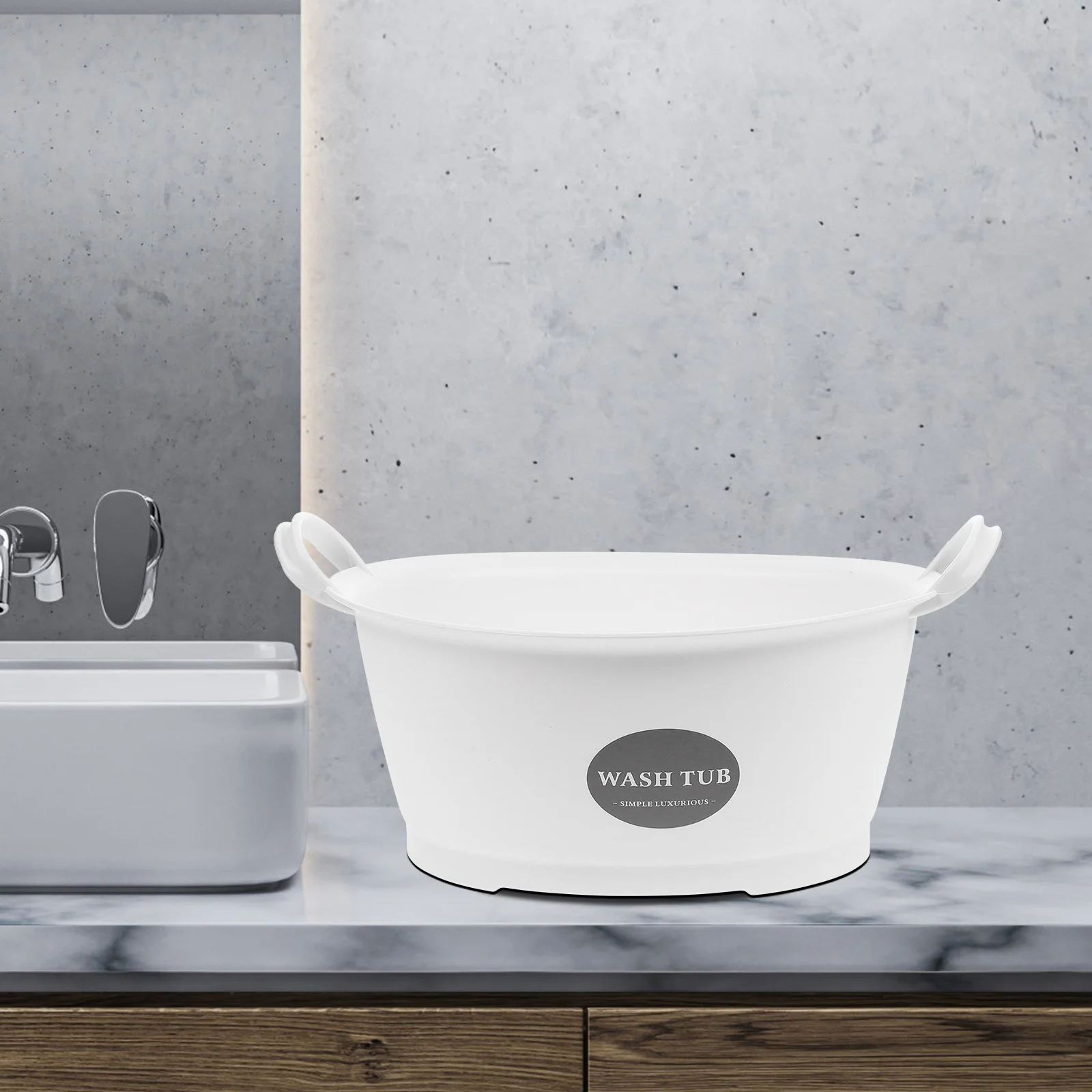 อ่างล้างหน้าพลาสติกสีขาว มีหูจับสองข้าง อ่างล้างหน้าอเนกประสงค์สำหรับล้างผัก จัดเก็บในครัว และทำความสะอาด